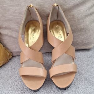 Michael Kors Leather Nude Strappy Heels, with signature emblem zippers!